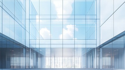 Obraz premium A modern glass office building with the central glass panels left blank for text.