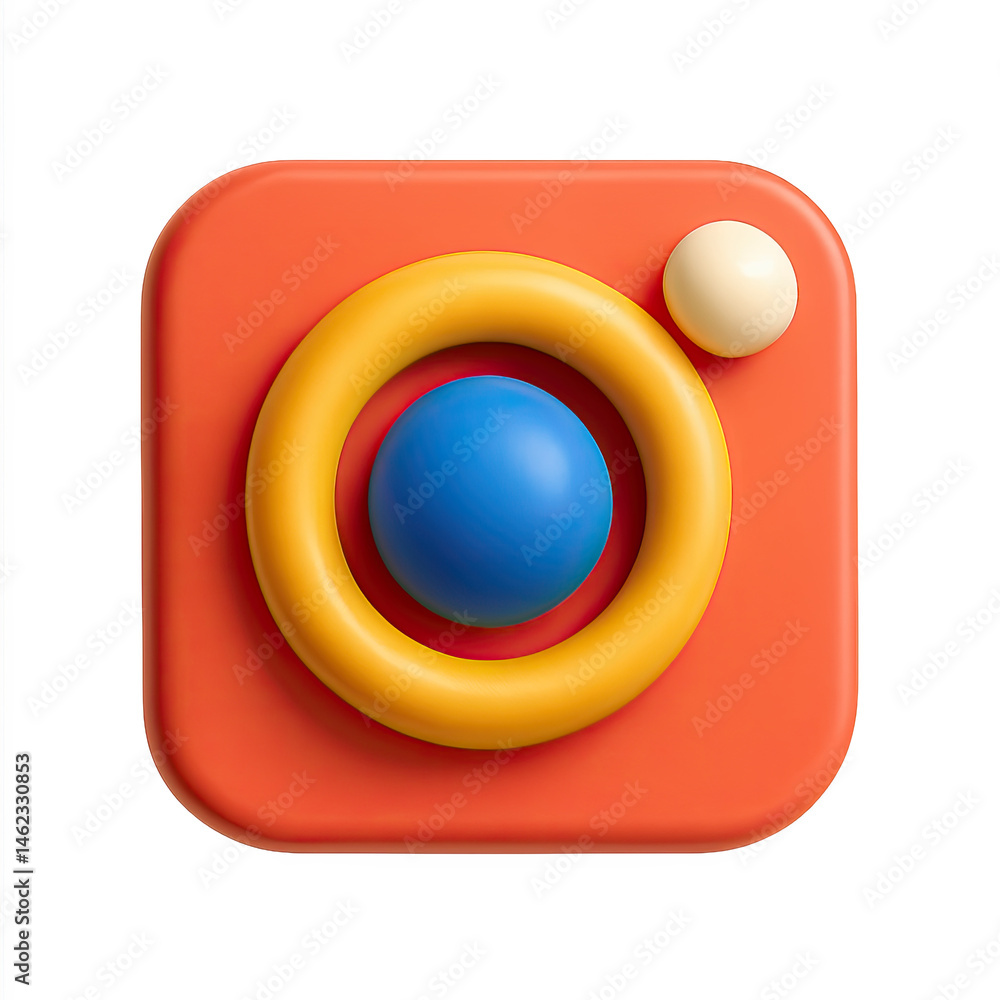 Poster 3d render of a bright orange camera app icon with yellow and blue circles on a transparent backgroun
