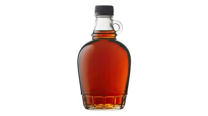 Glass Bottle Containing Golden-Brown Maple Syrup with Rich Texture and Shine, Isolated on a Clean White Background, Highlighting Natural Sweetness and Quality