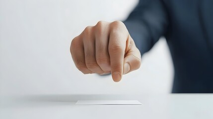 A hand delicately presenting a blank card on a table