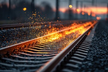 Close-up shot of a train track being welded, with glowing sparks and a fiery sunset.