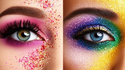 Eyes showcase vibrant makeup with contrasting color palettes and glitter accents, creating a striking visual effect.