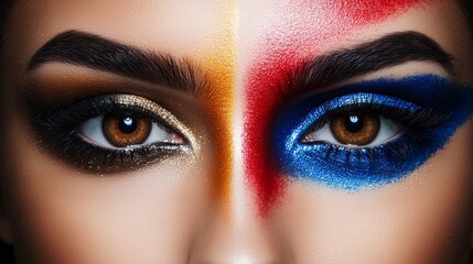 Obraz premium Eyes showcase vibrant makeup featuring glittery gold and blue eyeshadow with bright red and orange face paint!