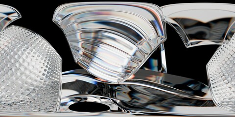 A futuristic abstract composition featuring curved, transparent glass-like forms with intricate textures and reflections, set against a black background. Lighting suggests HDRI environment rendering.