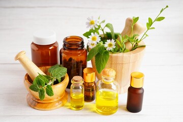 Alternative medicine herbal organic capsule with vitamin E omega 3 fish oil, mineral, drug with herbs leaf natural supplements for healthy good life.