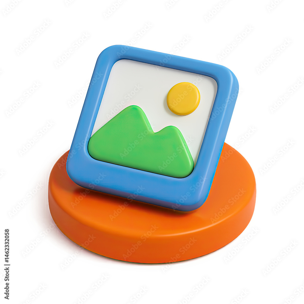 Poster 3d render of a colorful image icon on orange platform