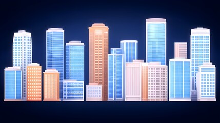 Obraz premium A stylized cityscape at night, showcasing various skyscrapers and buildings of different heights and colors