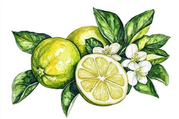 Vibrant watercolor illustration of bergamot citrus fruit. 