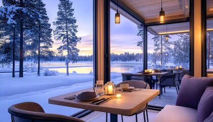 A tranquil winter scene viewed from a cozy indoor dining area, overlooking a snow-covered landscape and serene lake at sunset