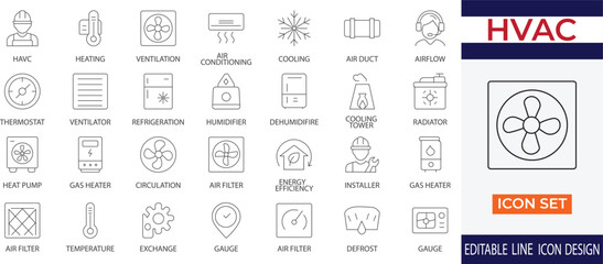 A modern set of HVAC icons representing heating, ventilation, air conditioning, temperature control, airflow, thermostats, cooling systems, and more line icons