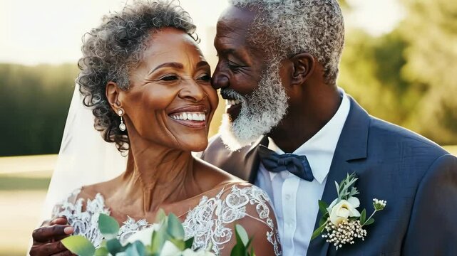 Enduring Love: A senior couple radiates happiness as they celebrate their commitment, bathed in the warmth of the sunlight, cherishing a beautiful moment.