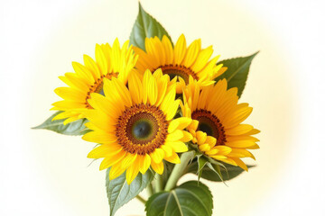 Obraz premium Correct the prompt, place the items on the right side Top view bouquet of sunflowers with vibrant yellow petals, green leaves against white background