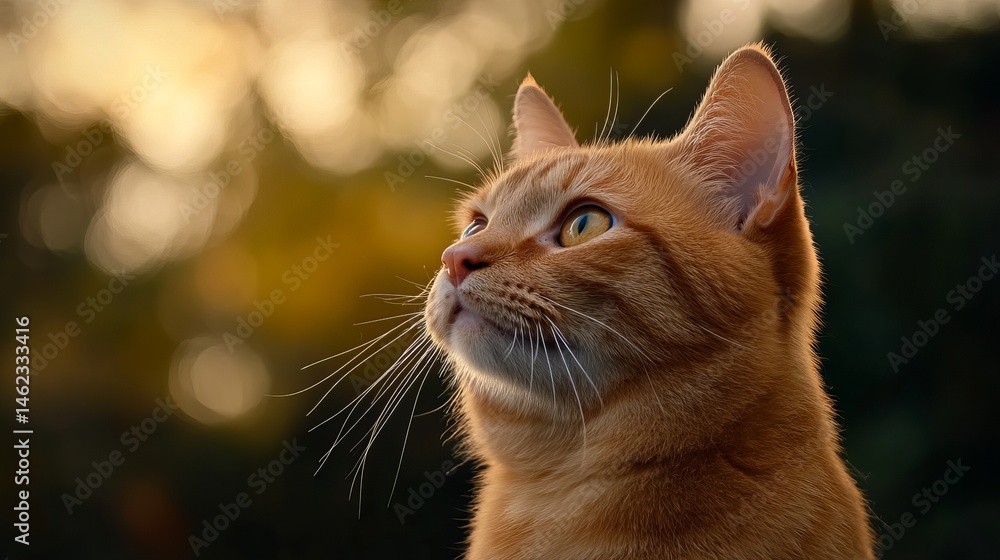 Poster ginger cat gazes upwards into the light with a focused expression against a blurred background.