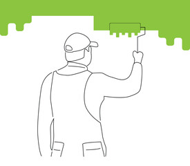 Construction Worker Painting the Wall Line Art. Industrial profession people and activities, interior design vector art