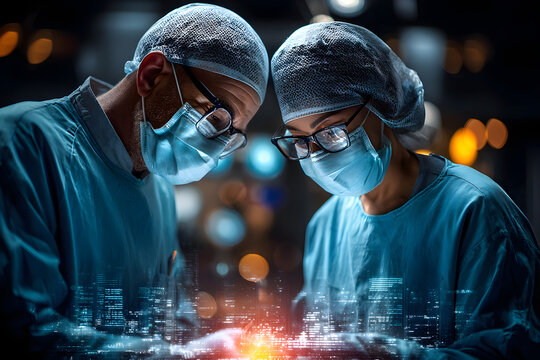 Surgical team checking instruments, double exposure with mirrored chrome textures and hospital layout plan