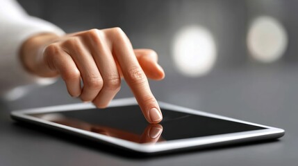 A person's finger gently tapping the screen of a tablet, capturing a moment of engagement.