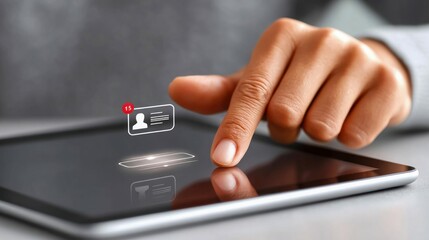 Person's finger interacts with a digital tablet, highlighting a contact icon and alert