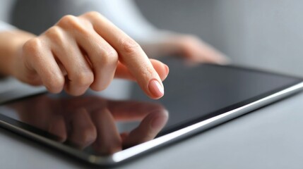 A close-up shot of a hand using a tablet, emphasizing the touch interaction on the screen.
