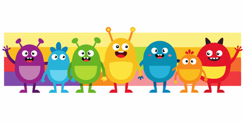 Happy Rainbow Colored Cartoon Monsters Group