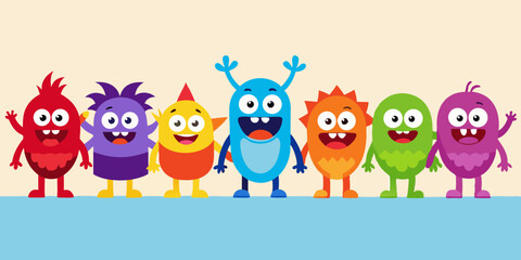 Happy Colorful Cartoon Monsters Group Illustration