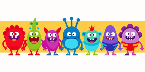 Happy Colorful Cartoon Monsters Group Illustration