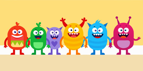 Six Happy Cartoon Monsters Standing Together