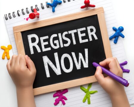Hands holding a chalkboard with "Register Now" written on it, surrounded by colorful stick figures on a notebook.