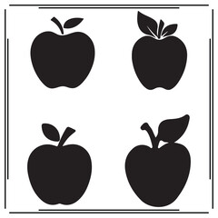 Apple Silhouettes – Black Vector Icons of Apples with Leaves for Healthy Food, Nutrition, Fruit Design, Organic Produce, Minimalist Graphics, and Nature Themes.

