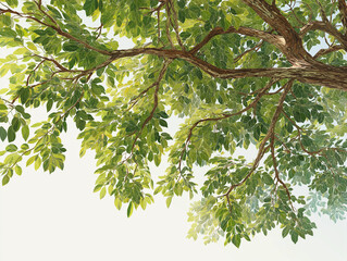 realistic close-up of tree canopy with sunlit leaves, no background, bright and clean
