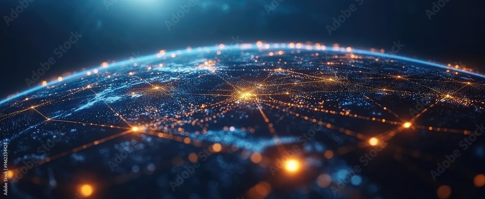 Poster connected globe with orange and blue illuminated network lines on a dark background depicting global