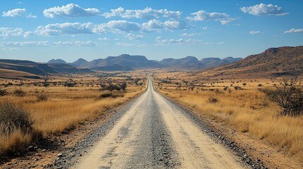 Fototapeta premium Explore namibia landscape: scenic desert road trip under blue sky with mountains and golden grass field views