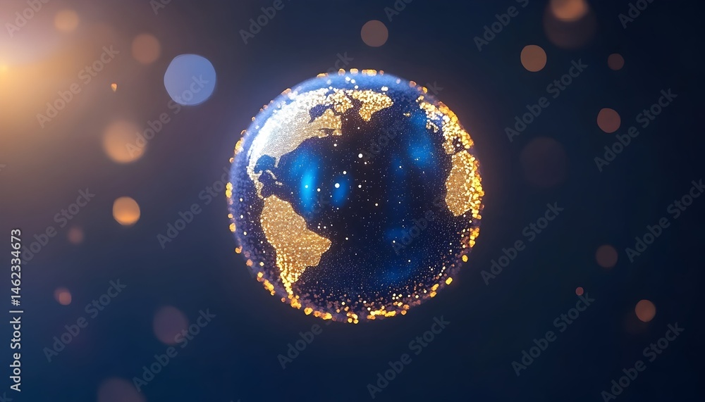 Poster glowing, particle-based earth model against a dark background with bokeh effects