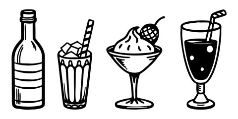 Hand Drawn Black and White Illustration of Various Drinks
