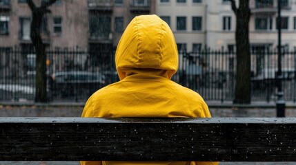 Person sitting on a bench in the rain. the person is wearing a bright yellow raincoat with a hood that covers their head and shoulders.