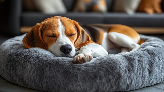 Beagle dog sleeping on a soft, gray fur cat or dog bed. Animal concept for rest and relaxation of a pet in the living room. 