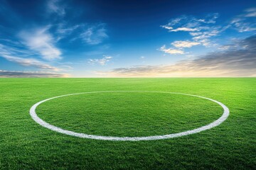 Obraz premium Empty soccer field center circle under a vibrant sky. Lush green grass field