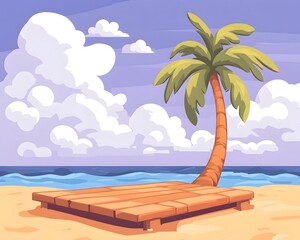 Idyllic beach scene with wooden platform under palm tree