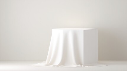 clean minimalistic podium draped in soft fabric against plain backdrop offering ample copy space