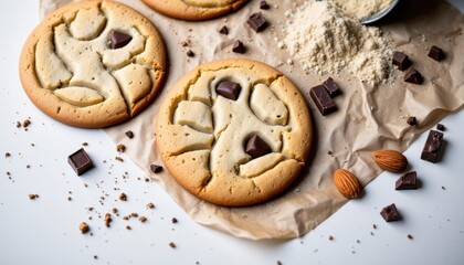 Naklejka premium Chocolate chunk cookies on parchment paper with sugar, almonds, and chocolate pieces scattered around.