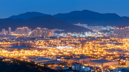 Obraz premium Night cityscape with illuminated buildings and industrial areas nestled against a dark mountain range