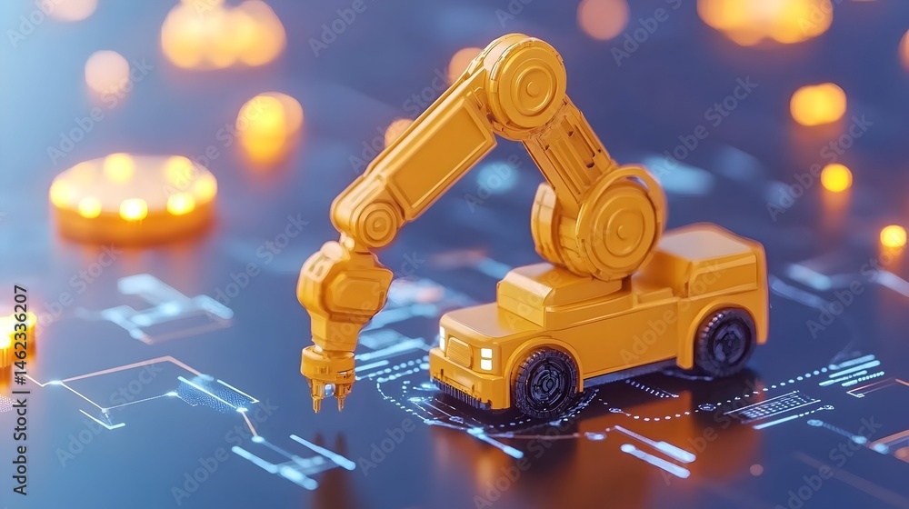Poster robotic arm assembling a miniature vehicle on a circuit board