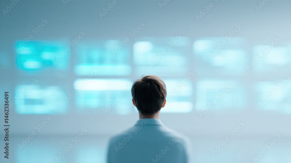 Poster lone data analyst surrounded by minimalist digital interfaces with abstract numbers and patterns