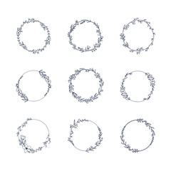 Hand Drawn Botanical Circle Frame Collection Set of 9 Design Elements