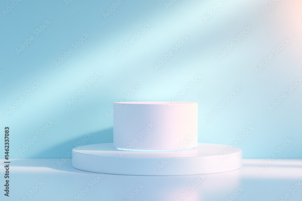 Poster minimalist airy scene with floating empty podium casting soft shadow beneath tranquility in simplici