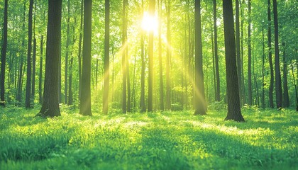 Fototapeta premium Sunlit forest scene with tall trees and lush green undergrowth