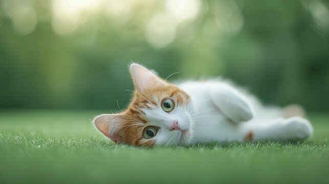 Adorable white and orange kitten lying playfully on fresh green grass, showcasing expressive eyes and cute pose in soft natural lighting
