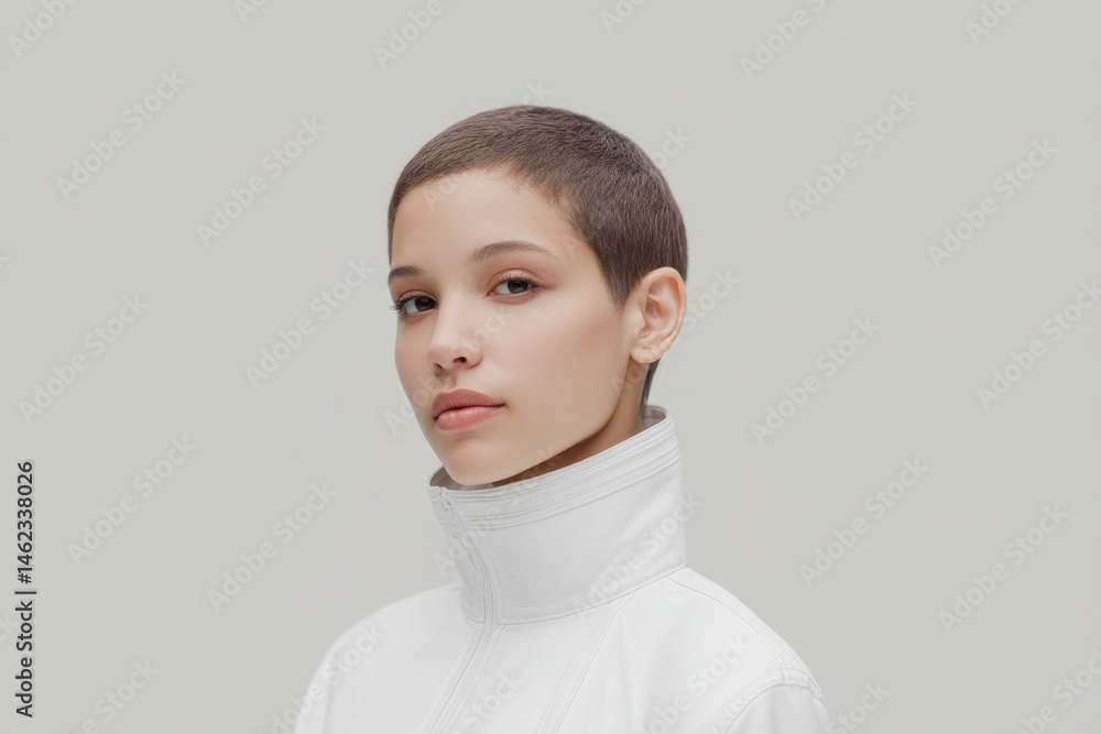 Poster minimalistic portrait showcasing diverse individual with subtle robotic elements positioning them ce