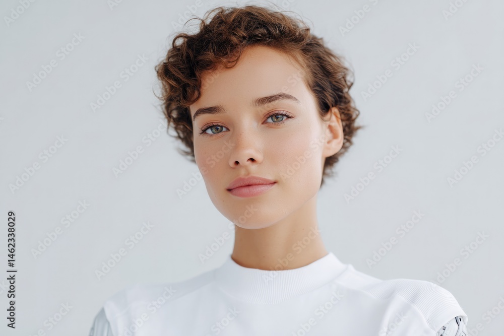 Poster minimalistic portrait showcasing diverse individual with subtle robotic elements positioning them ce