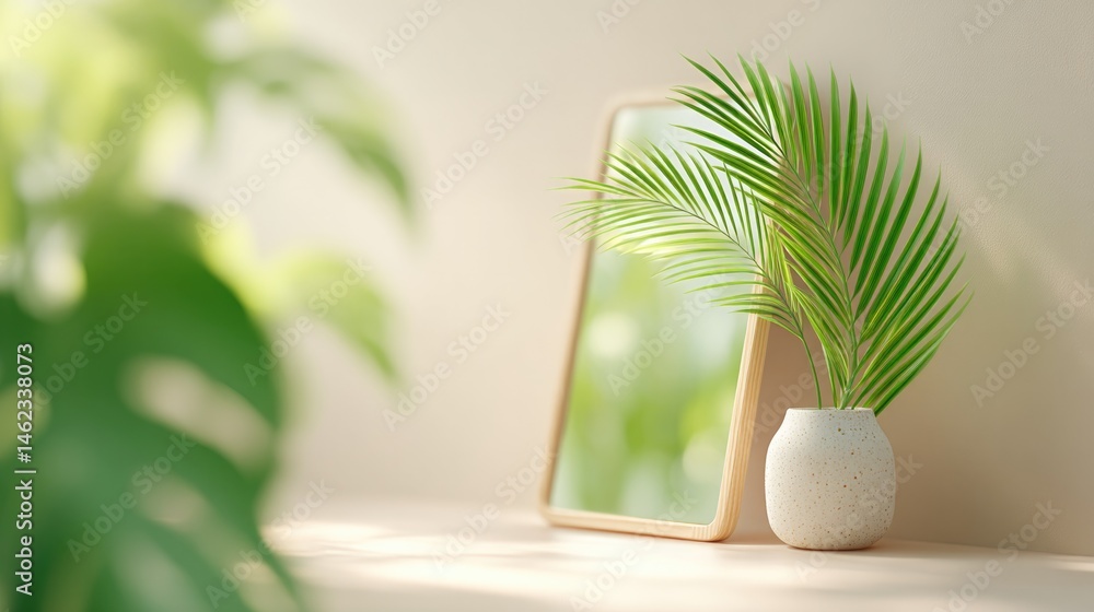 Poster minimalistic scene depicting sleek modern mirror reflecting its surroundings with ample empty space 