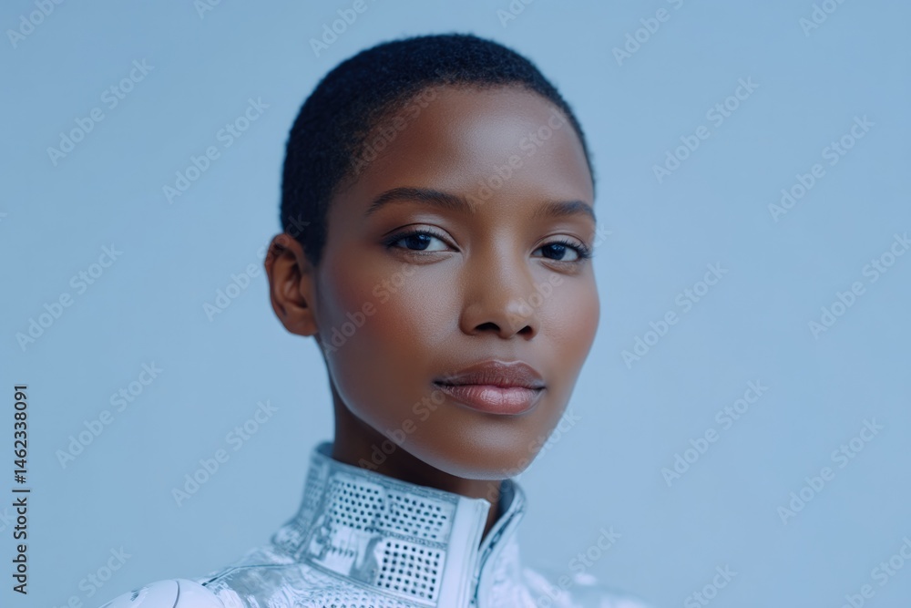 Poster minimalistic portrait showcasing diverse individual with subtle robotic elements positioning them ce